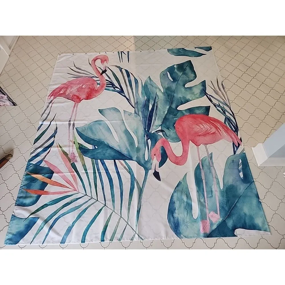 EXTRA LONG Shower Curtain Coastal Pink Flamingos w/ Teal Palm Fronds 71